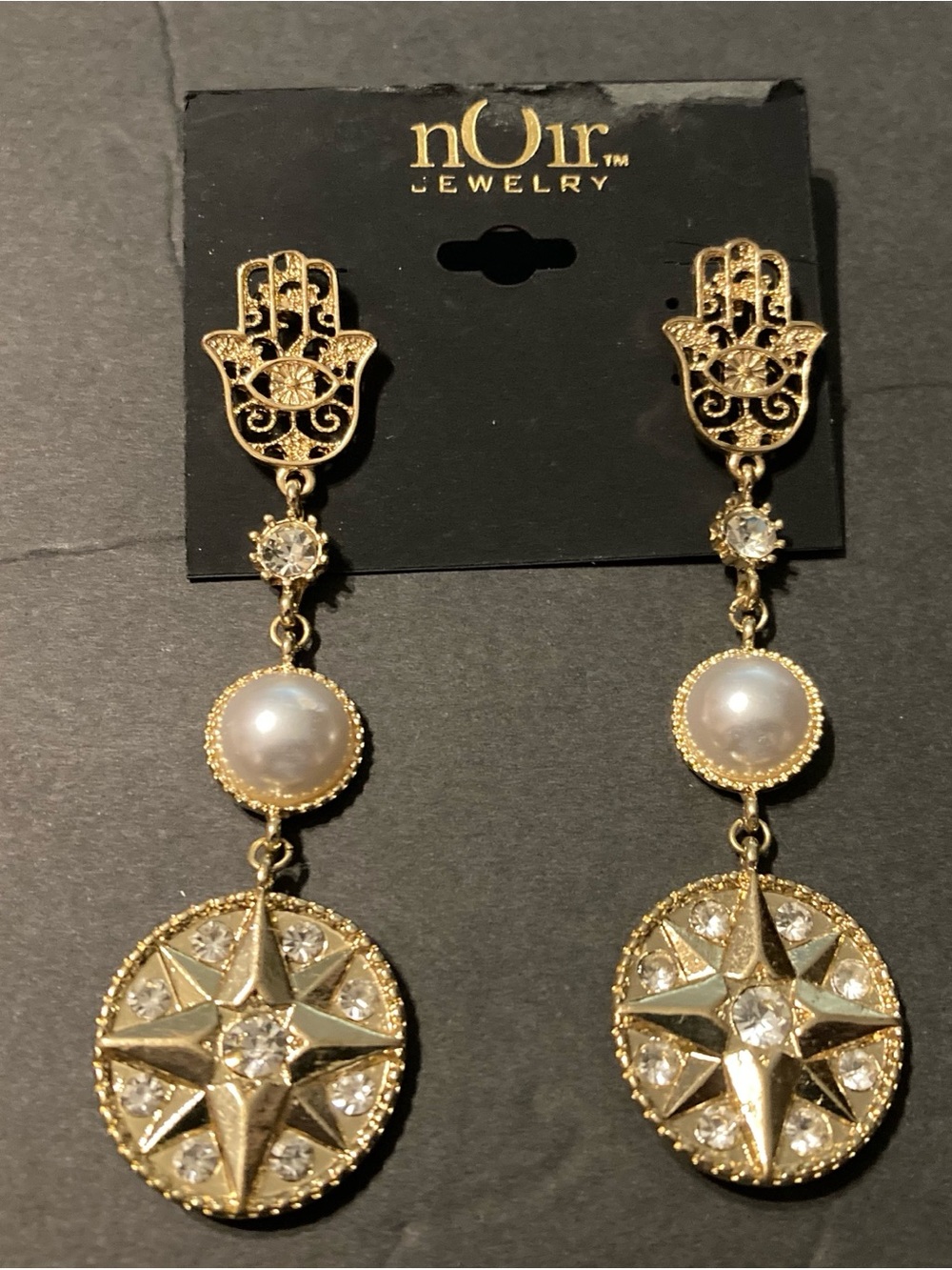 nOir Jewelry Gold Hamsa Drop Earrings with Pearl and Star Medallion